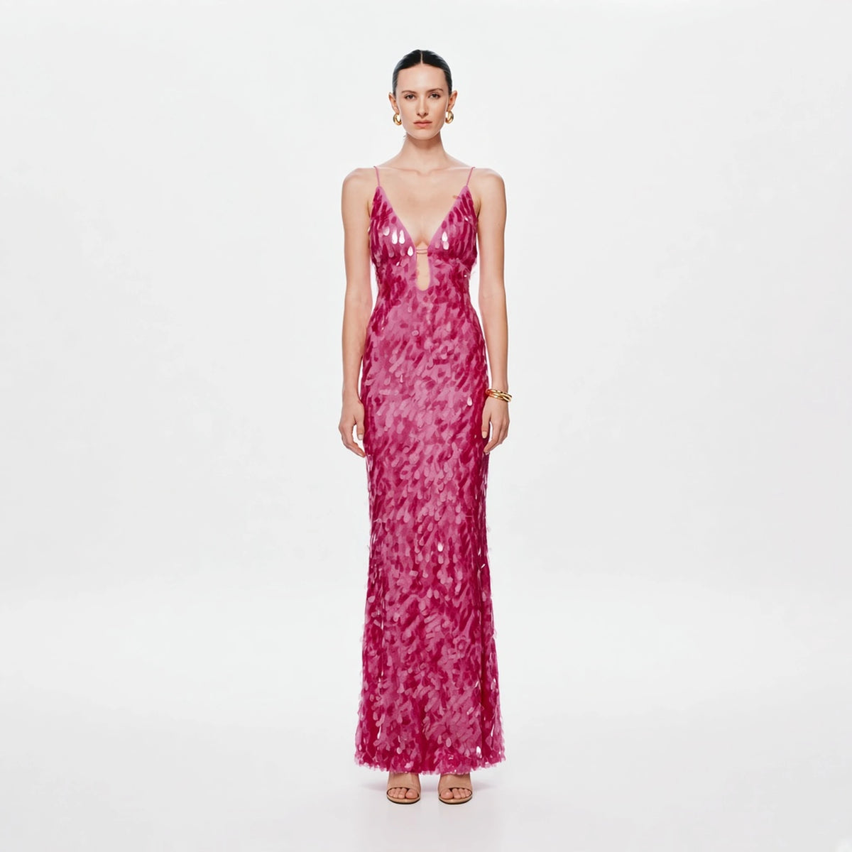 Sequin V-Neck Maxi Dress — pink front