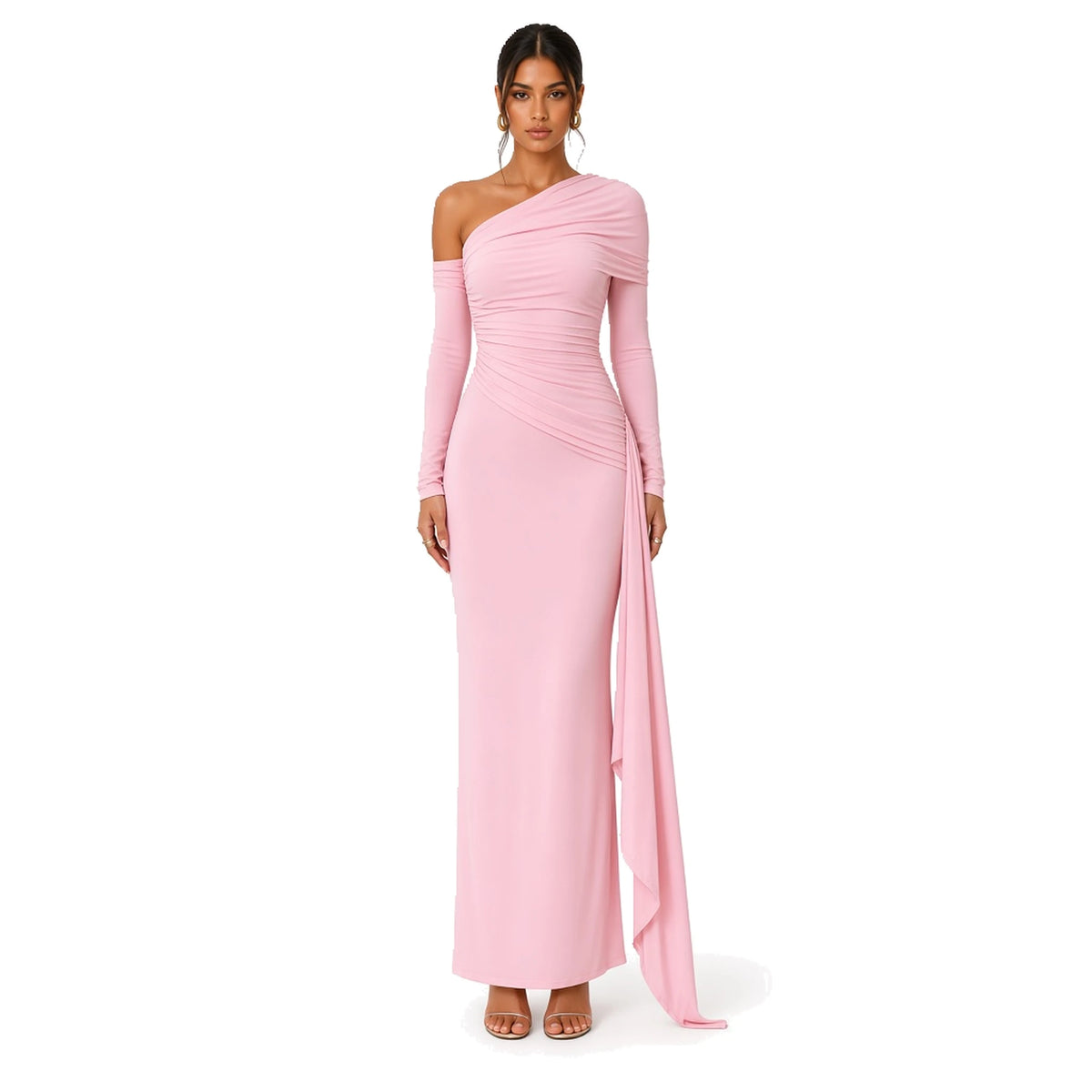 Ribbon One-Shoulder Gown — pink front