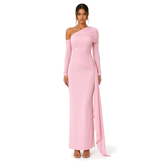 Ribbon One-Shoulder Gown — pink front