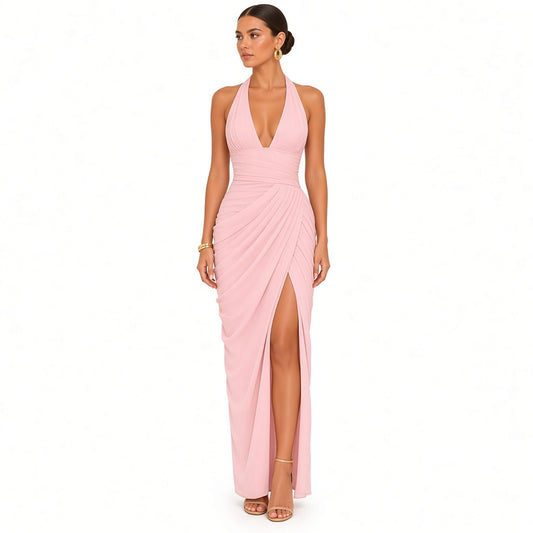 Halter Ruched Maxi Dress — pink front