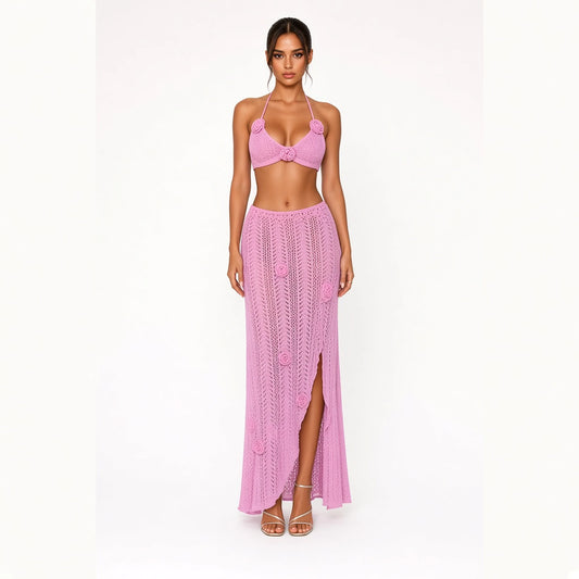 Pink Lace-Up Flower Skirt Set — front
