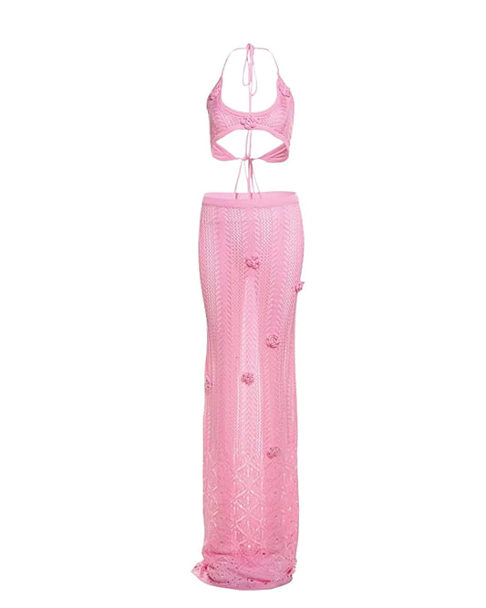 Pink Lace - Up Flower Skirt Set