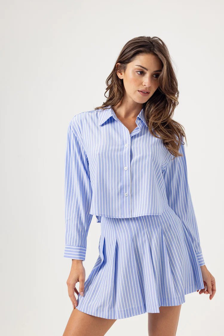 Pinstripe Long - Sleeve and Pleated Mini Skirt Set