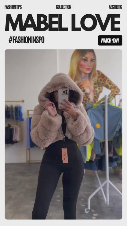 Cropped Faux Fur Coat with Detachable Hoodie