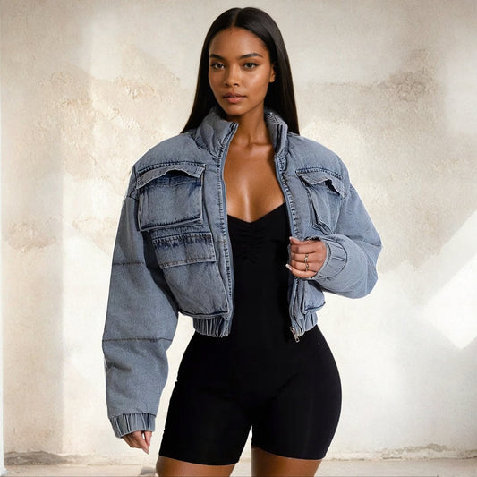 Puffer Cropped Denim Jacket