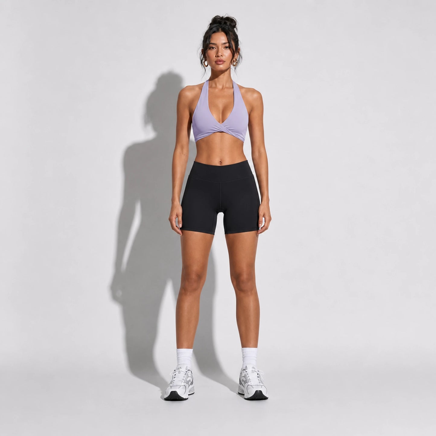 Set — Twist Halter bra Purple + Legging Shorts front on-model 2048