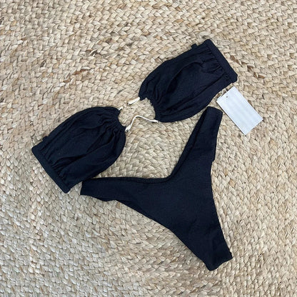 Navy Blue Push Up Bandeau Bikini Set