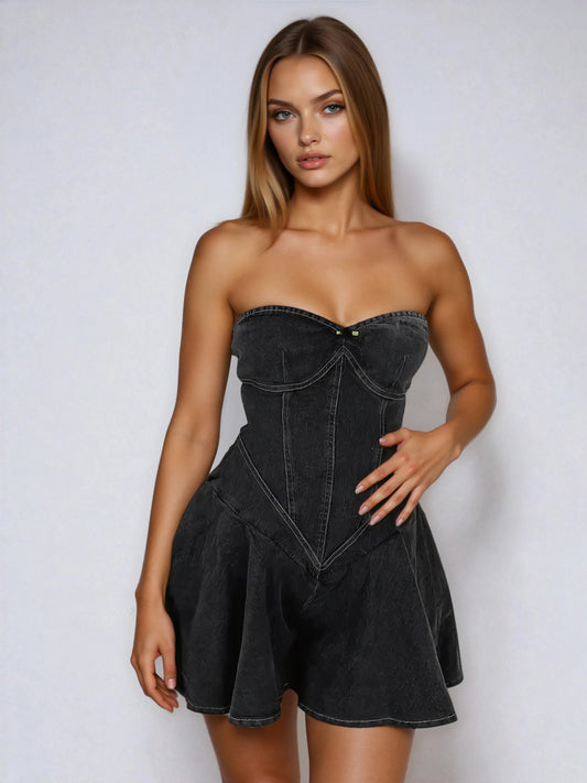 Woman wearing her Black Strapless Denim Mini Dress