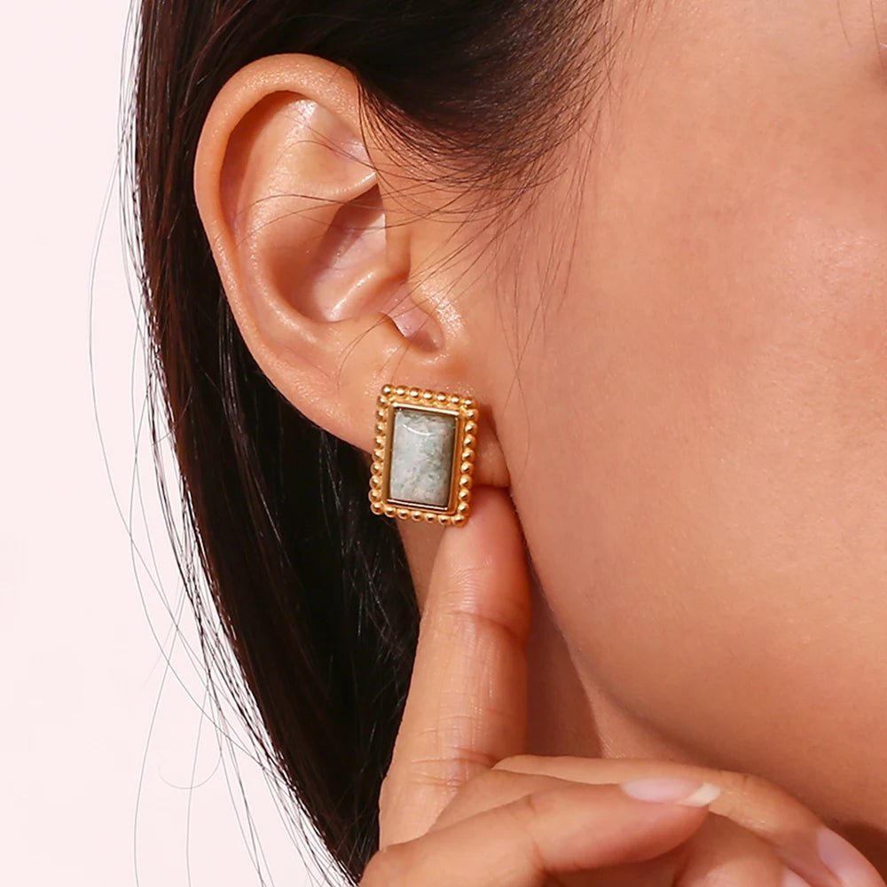 Rectangular Stone Frame Earrings - Gray Stone with Gold Frame