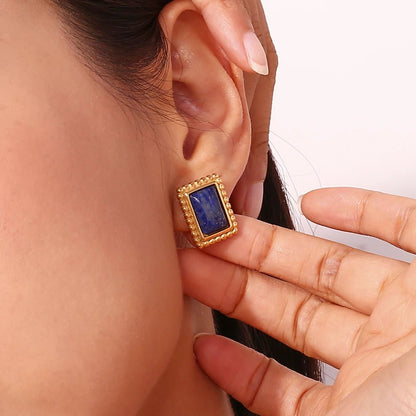 Rectangular Stone Frame Earrings - Navy Blue Stone