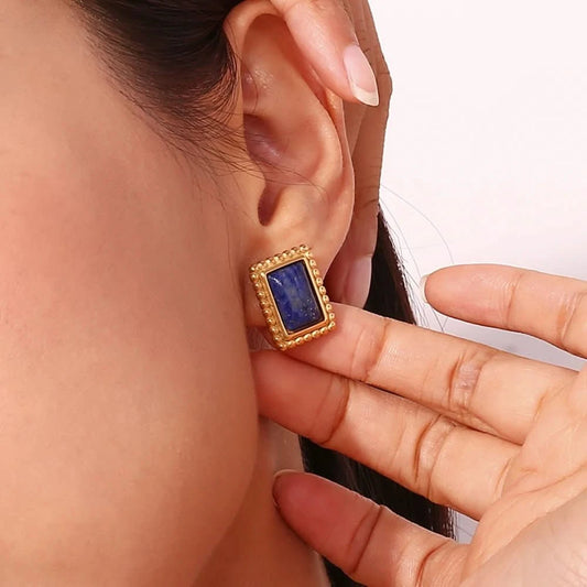 Rectangular Stone Frame Earrings - Navy Blue Stone
