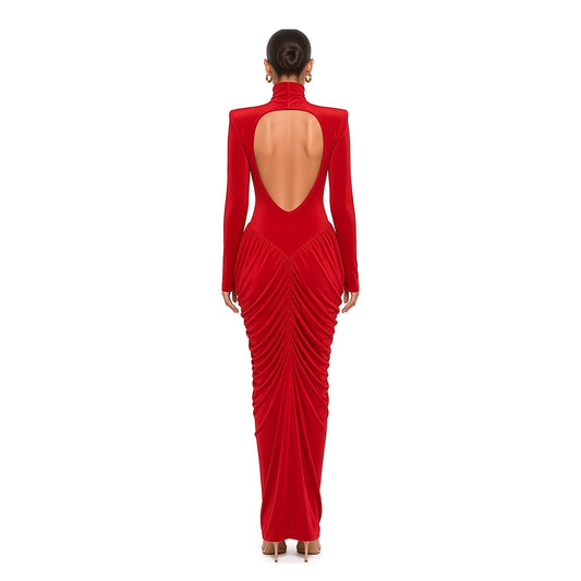 Ruched Turtleneck Open-Back Maxi Dress — Red back