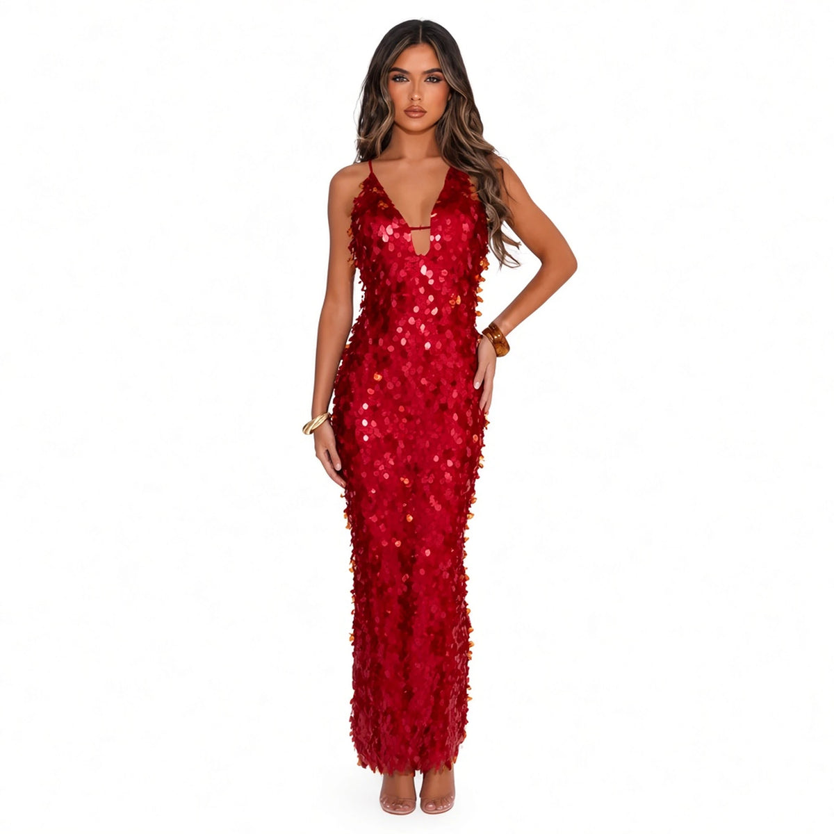 Sequin V-Neck Maxi Dress — red front