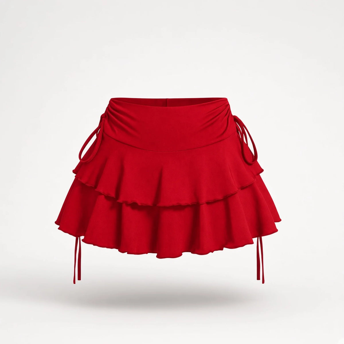 Double-Tier Drawstring Ruffle Mini Skirt — red front