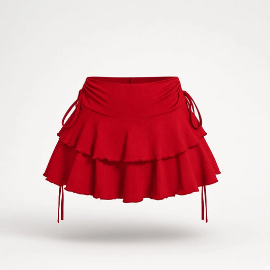 Double-Tier Drawstring Ruffle Mini Skirt — red front
