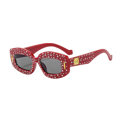 Studded Rectangle Sunglasses — Red front