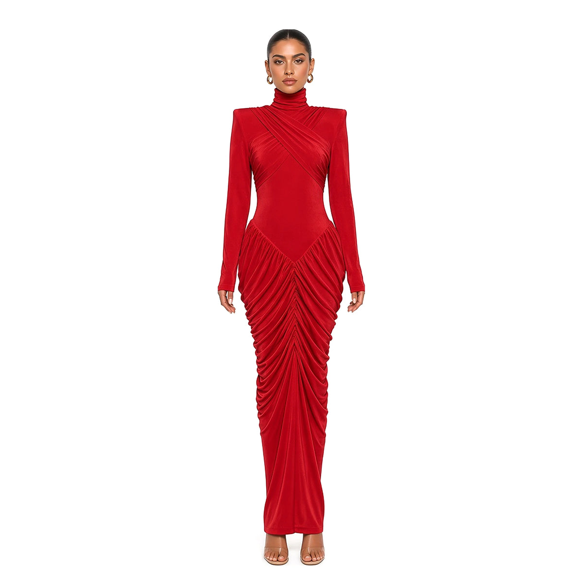 Ruched Turtleneck Open-Back Maxi Dress — Red front