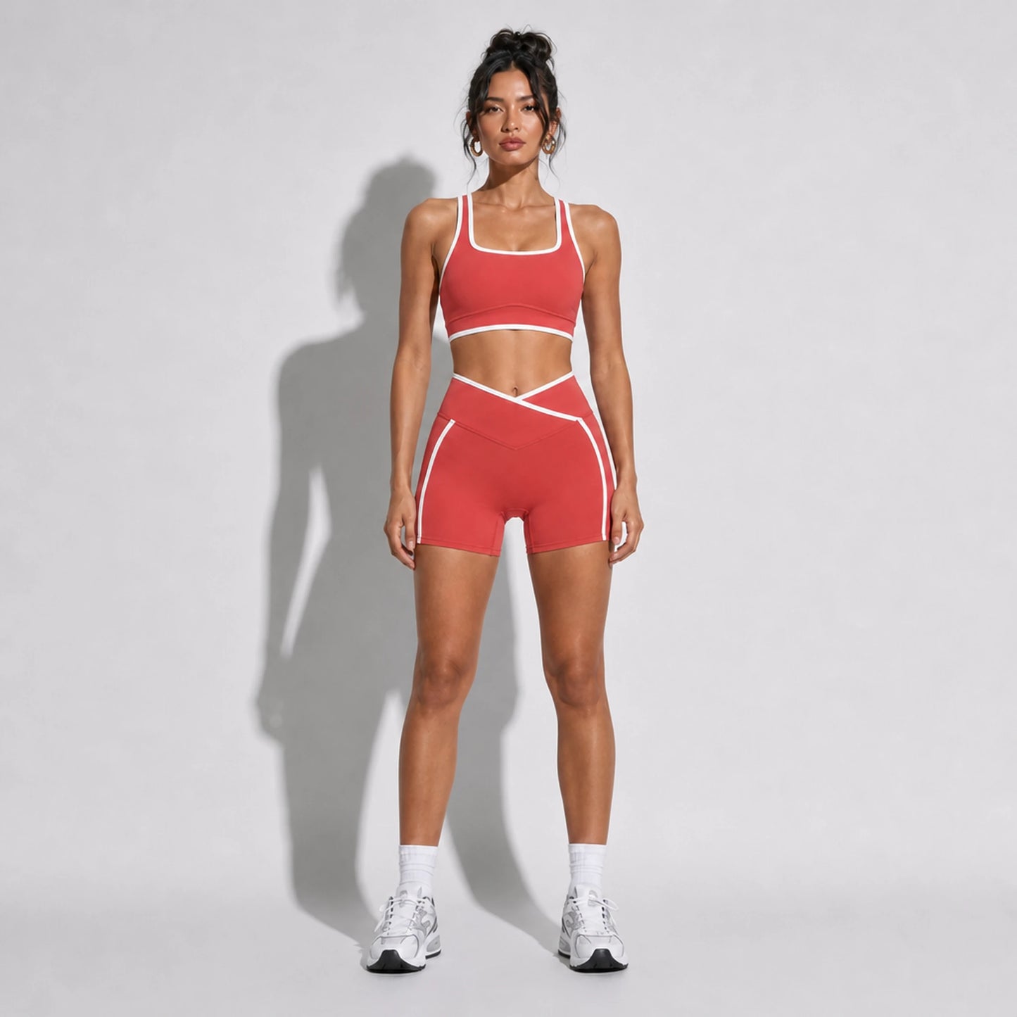 High Stretch Solid Yoga Shorts Set — red front