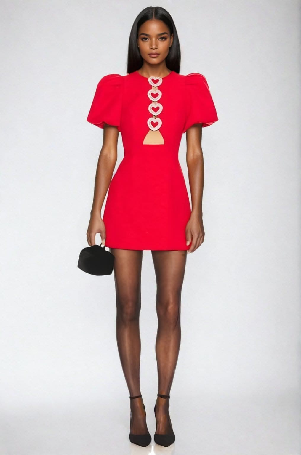 red hollow out dress Red Hollow-Out Puff Sleeve Dress