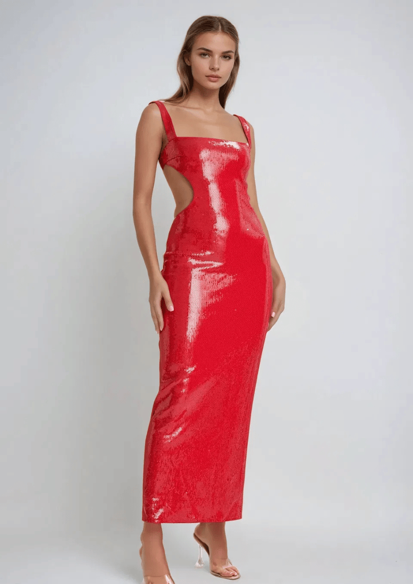 Red Maxi Dress - Sequined Evening Gown | Mabel Love Co. Red Maxi Dress - Sequined Evening Gown | Mabel Love Co.