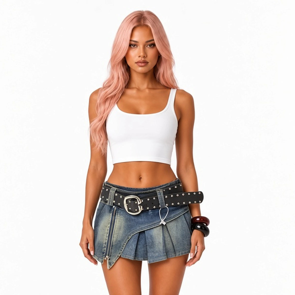Low Waist Denim Pleated Mini Skirt — Dark Blue close-up