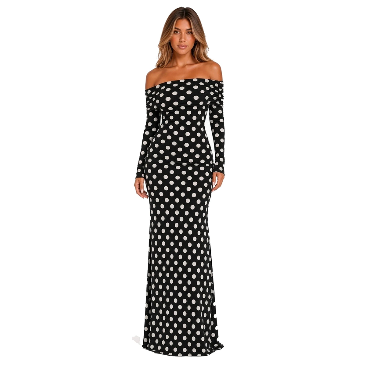 Polka Dot Off-Shoulder Maxi Dress — front