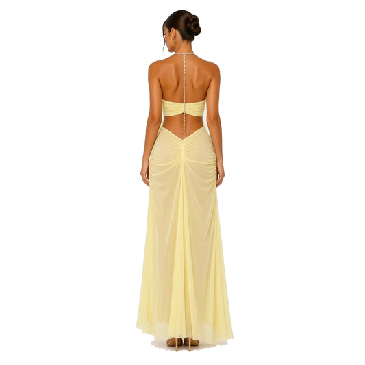 Rhinestone Chain Halter Backless Maxi Dress — yellow back