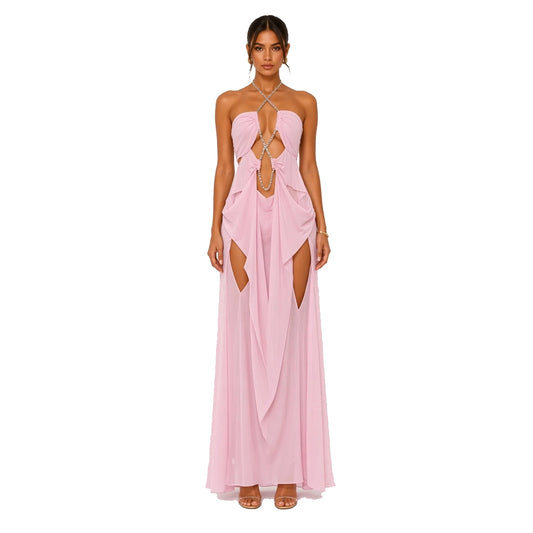 Rhinestone Chain Halter Backless Maxi Dress — pink front