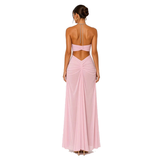 Rhinestone Chain Halter Backless Maxi Dress — pink back
