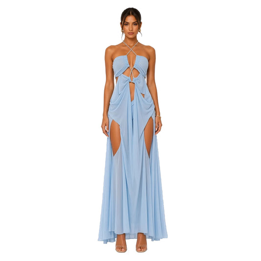 Rhinestone Chain Halter Backless Maxi Dress — blue front