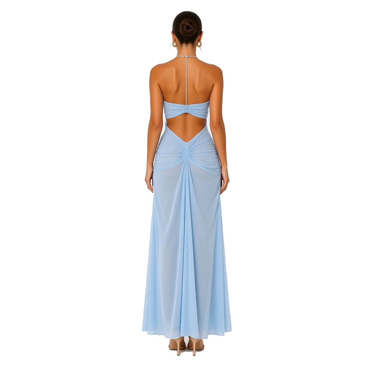 Rhinestone Chain Halter Backless Maxi Dress — blue back