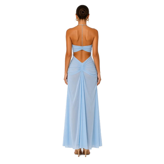 Rhinestone Chain Halter Backless Maxi Dress — blue back