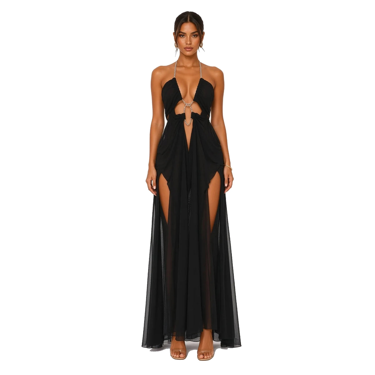 Rhinestone Chain Halter Backless Maxi Dress — black front