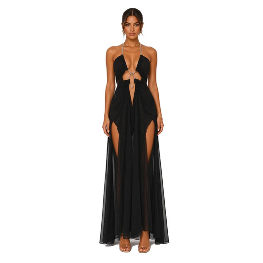 Rhinestone Chain Halter Backless Maxi Dress — black front