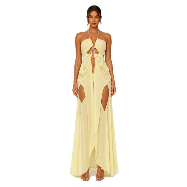 Rhinestone Chain Halter Backless Maxi Dress — yellow front