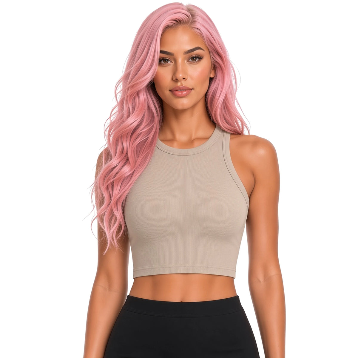 Rib Crop Tank Top — khaki close-up