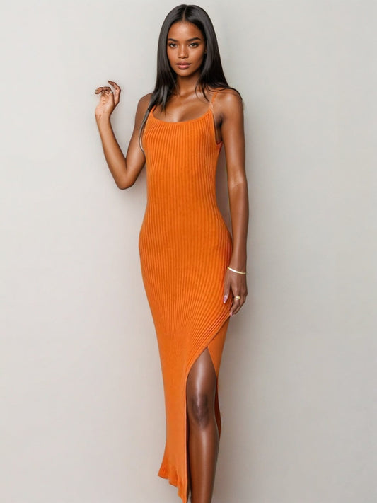 Ribbed Backless with Slit Maxi Dress