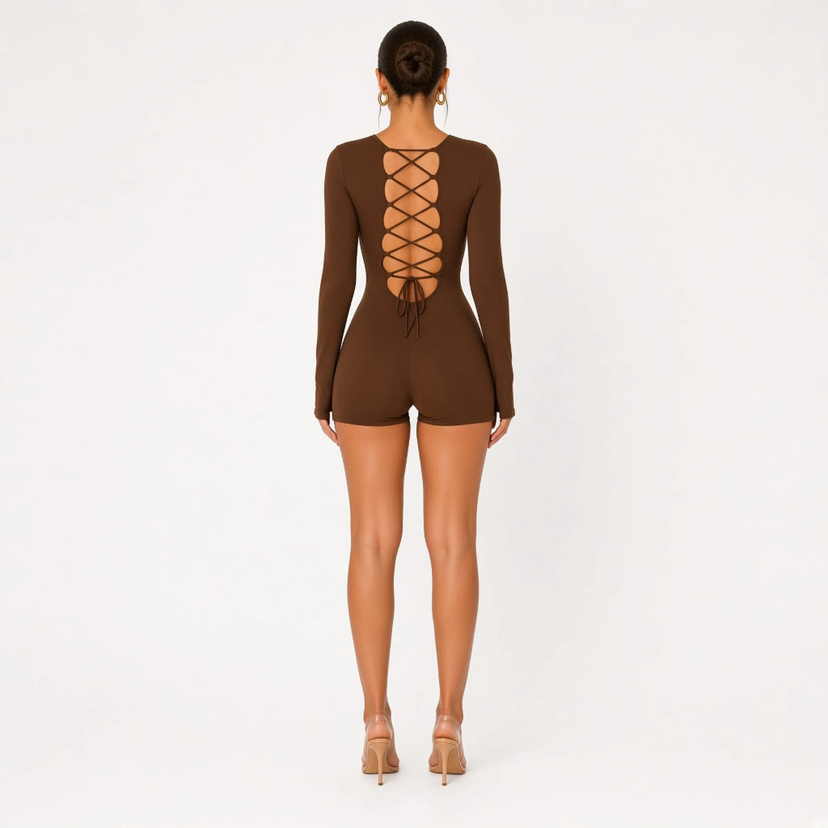 Romper Backless Lace-Up — brown back