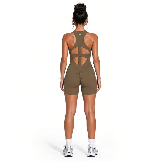 Women’s Quarter-Zip Yoga Romper — coffee back