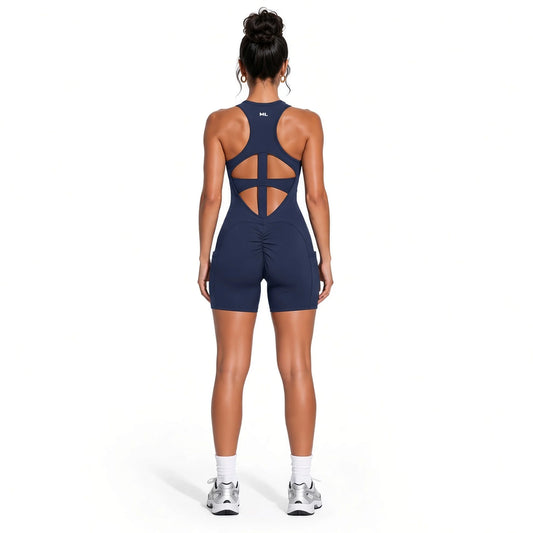 Women’s Quarter-Zip Yoga Romper — navy blue back