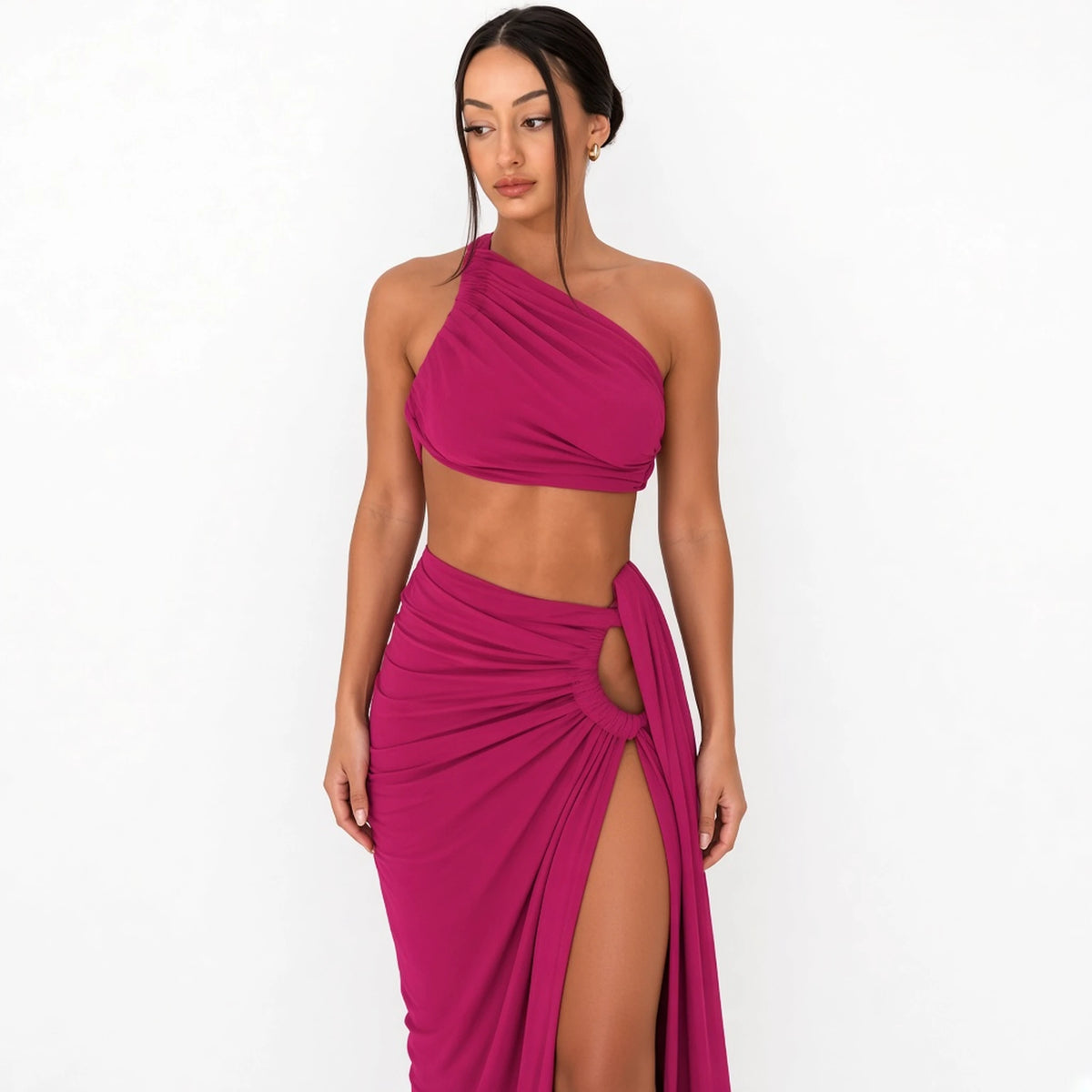 Ruched Cutout Maxi Set — Rose Red close-up