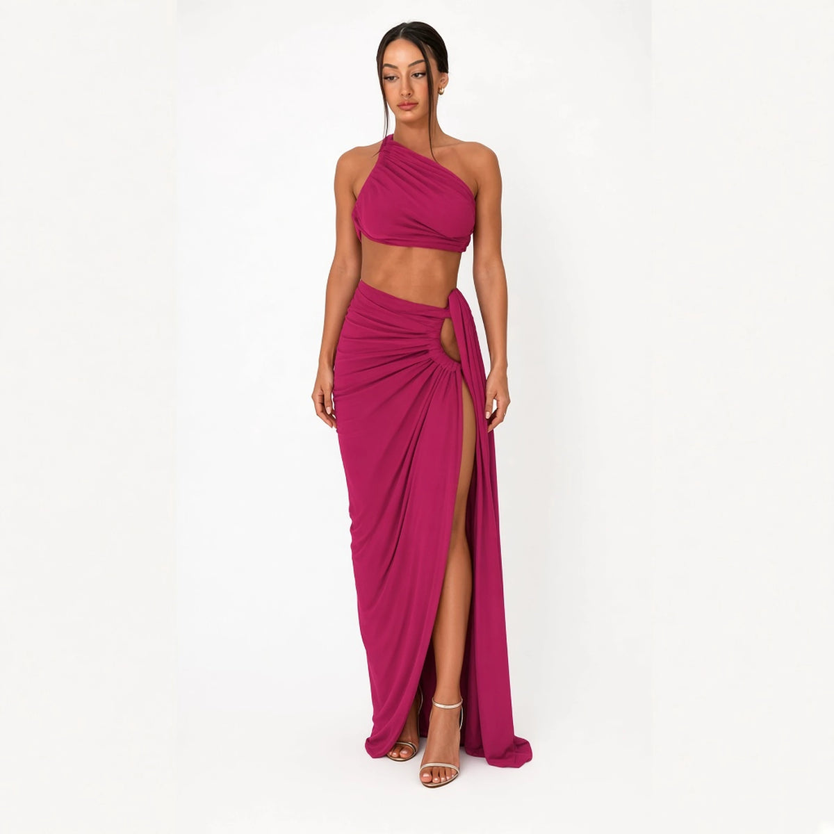 Ruched Cutout Maxi Set — Rose Red front