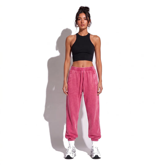 Street Distressed Loose Joggers — rose pink front