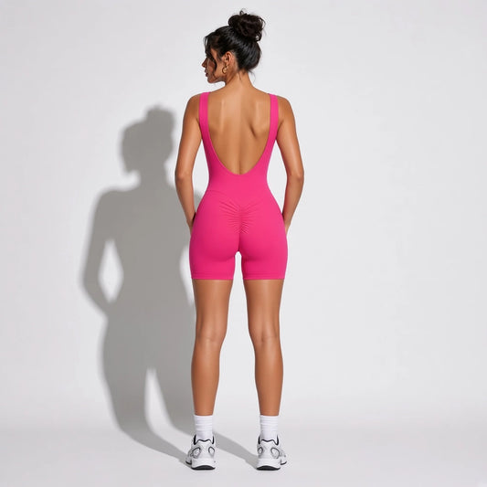 V Back Sports Jumpsuit — Rose Red back