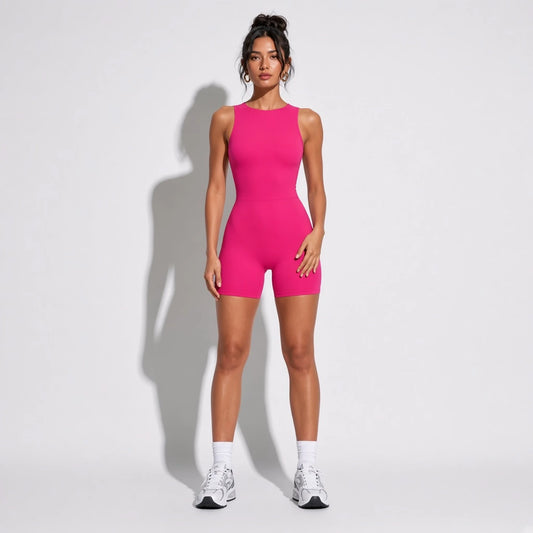 V Back Sports Jumpsuit — Rose Red front