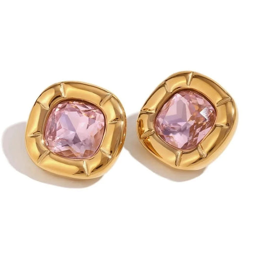 Round Square Birthstone Earrings - Gold Plated Women's Jewelry