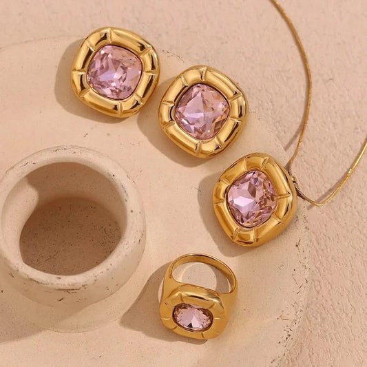 Round Square Birthstone Necklace - Gold Plated Stainless Steel