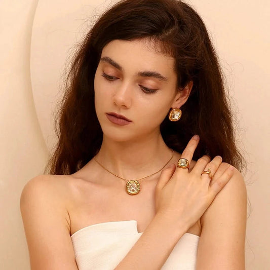 Round Square Birthstone Necklace - Gold Plated Stainless Steel