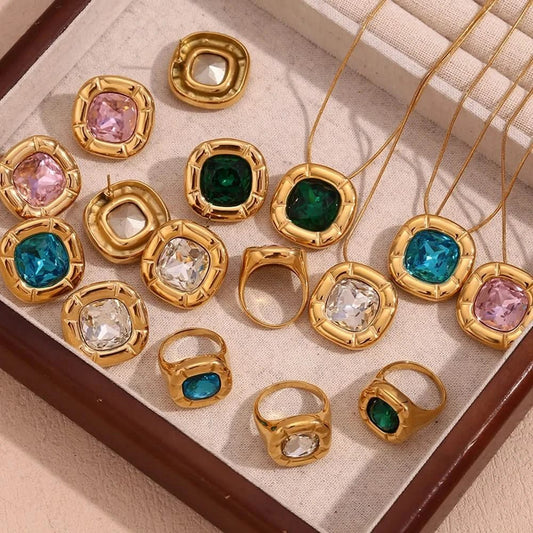 Round Square Birthstone Necklace - Gold Plated Stainless Steel