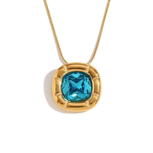Round Square Birthstone Necklace - Gold Plated Stainless Steel